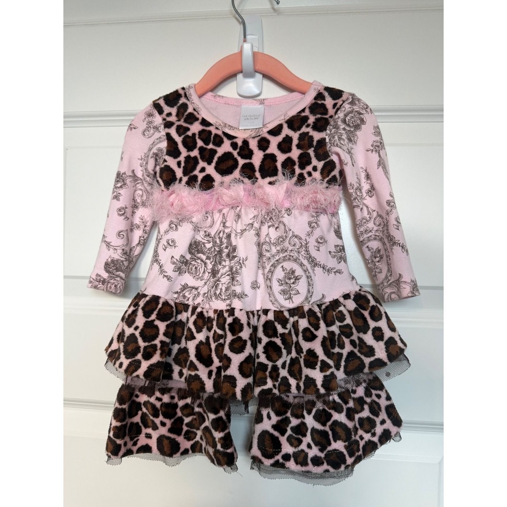 11. Giggle Moon Baby Girls Pink Floral Toile Leopard Ruffle Romper 12M